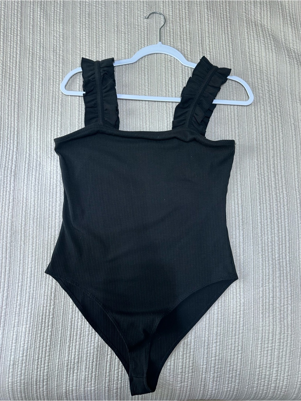 entro Black Ruffled Strap One-Piece Ribbed Bodysuit